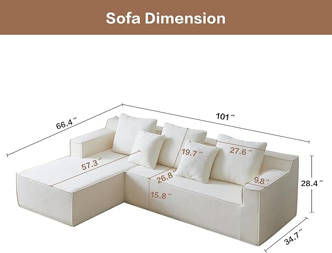 101" L-Shaped Couch for Living Room,Modular Sectional Cloud Couch,Boneless Sofa in A Box,Upholstered Couches for Bedroom,White Sofa with Oversized Chaise