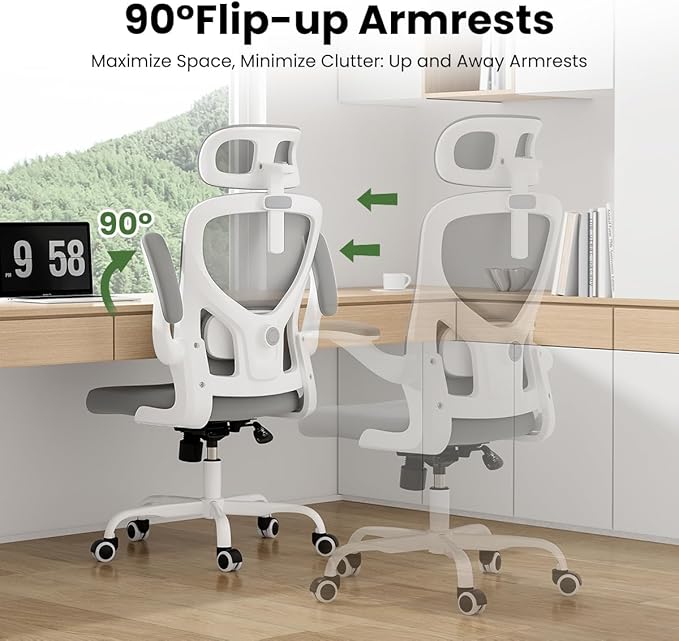 Soohow Office Chair, Ergonomic Office Mesh Desk Chair with Adjustable Back Support, High Back Comfy Computer Swivel Chair with Headrest, Lumbar Support for Study Room, Gaming and Office, White & Grey