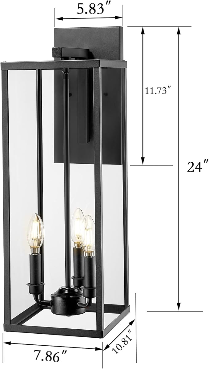 Bestshared Outdoor Wall Lantern, 24 Inch Tall Large Wall Sconce Clear Glass, Anti-Rust Modern Black Outside Lantern Lamp for House Front Porch Doorway Patio (Black, 24"-1 Pack)