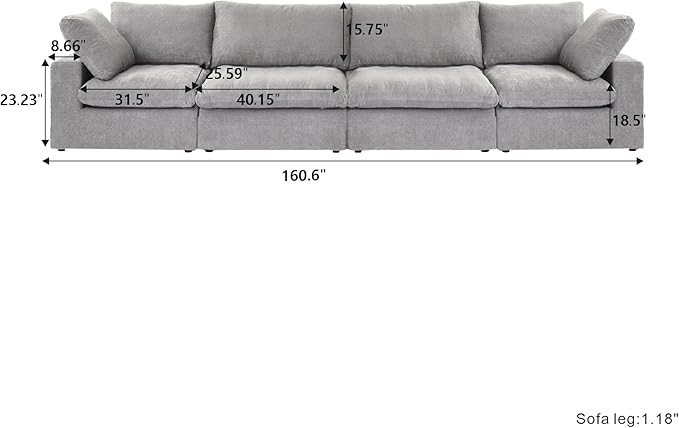 Cloud Modular Sectional Sofa Couch,160" Convertible Couches Wide 4 Seater Sofa for Living Room,Minimalist Deep Sofa Couches,Sofa Covers Washable&Replaceable(Grey)