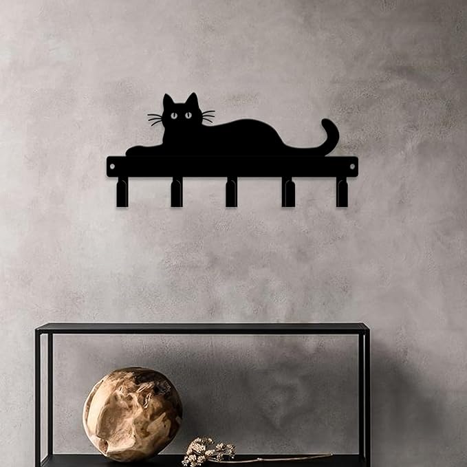 magilab Cat-Themed 10-Inch Iron Key Hooks with 5 Hooks, Black Wall Organizer - Cute Cat Design for Home Decor, No Drill & Screw-in Options (Style L)