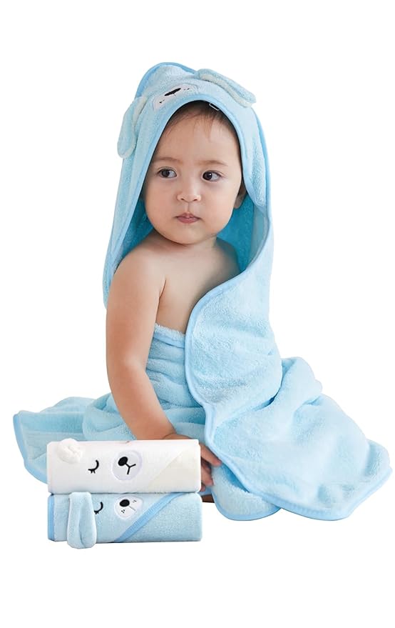 Baby Bath Towel,2 Pack Hooded Babie Towels for Newborn,Infant,Toddler,Ultra Absorbent Soft (White Bear+Blue Bear)
