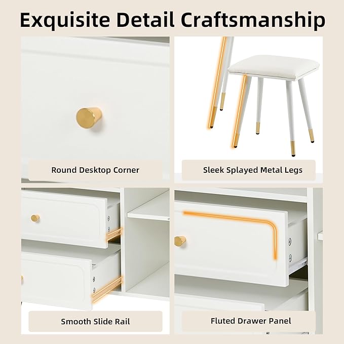 Merax 58" Large Vanity Desk with Mirror and Lights, Modern White Makeup Vanity Set with Stool and Power Outlet, Retractable Dressing Table with Drawers and Side Cabinet for Bedroom Women