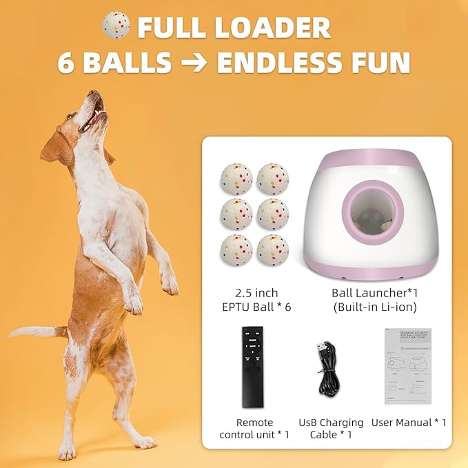 AutoDog Ball Launcher - Large Silent Dog Ball Thrower with Remote Control, 3 Adjustable Distances (40t/60ft/80ft), Rechargable,Includes 6 Durable 2.5" Balls for Medium/Large Dogs (Pink, Large)