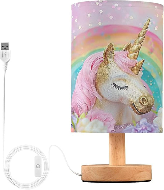 Bedside Lamp Pink Unicorn Cute Table Lamp with USB Port Wood Base for Living Room,Bedroom,Nightstand 214B5433