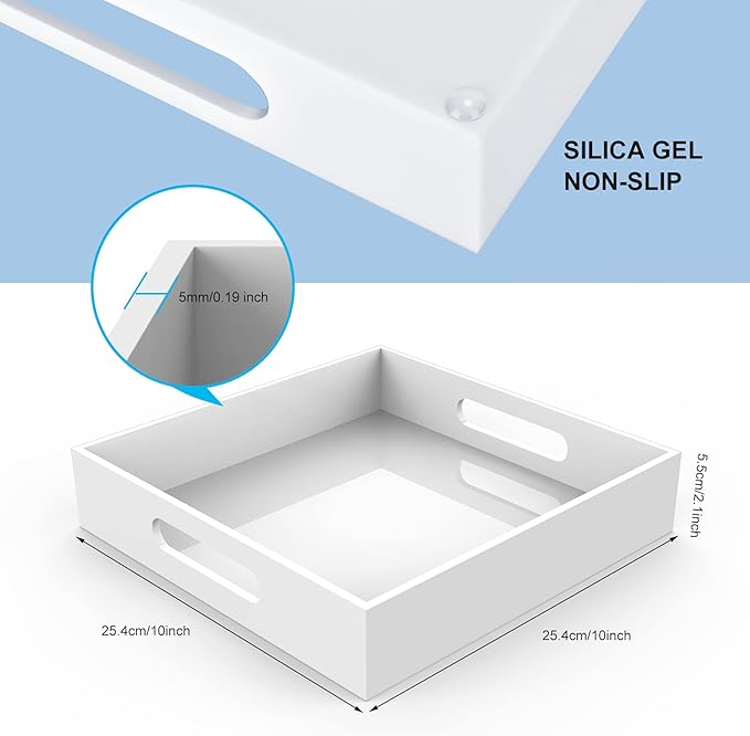 Home Decorative Coffee Table Tray, 10"x10" Elegant Acrylic Serving Trays with Handles Works for Eating, Breakfast, Makeup Drawer Organizer,Bathroom Vanity Table,Ottoman Tray, White