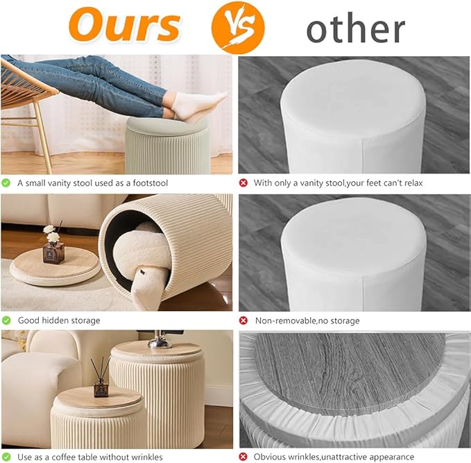 Round Set of 2 Ottoman with Storage-Upholstered Velvet Vanity Stool for MakeupMultifunctional Ottomans Coffee Table Padded Seat Foot Rest for Living Room&Bedroom(White)