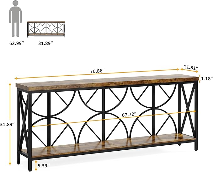 70.9-Inch Extra Long Sofa Table, Narrow Console Table Behind Couch with Storage for Entryway, Living Room, Entrance, Hallway, Foyer, Unique Geometric (Rustic Brown)