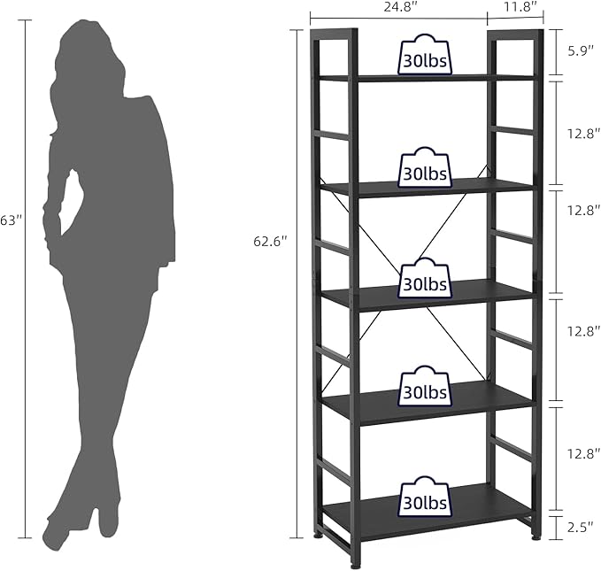 24" Bookshelf, 5-Tier Ladder Shelf, Industrial Bookcase, Wooden and Metal Storage Rack, Shelving Unit for Living Room Entryway Office, Black Book Shelves