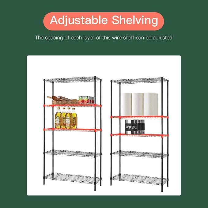 FDW 14" D×36" W×72" H Wire Shelving Unit Commercial Metal Shelf with 5 Tier Adjustable Layer Rack Strong Steel for Restaurant Garage Pantry Kitchen Garage，Black