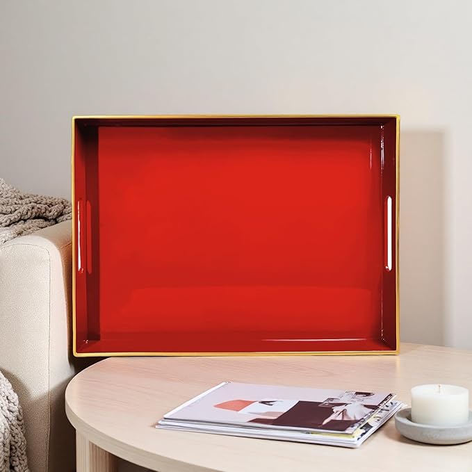 Large Red Rectangular Decorative Tray – Plastic Serving Tray with Handles for Coffee Table, Ottoman, Living Room, 15.7” x 11.8” x 1.6