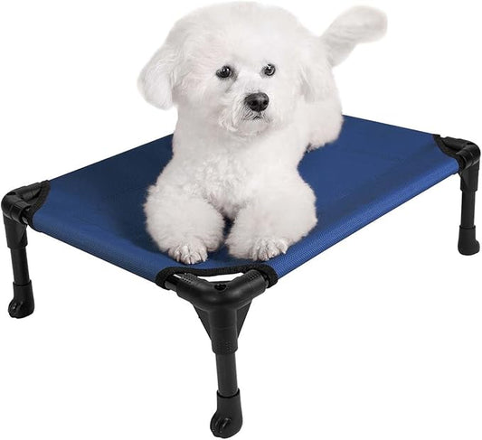 Veehoo Outdoor Elevated Dog Cot Bed, Cooling Raised Pet Bed for Small Dogs, Washable Breathable Mesh Hammock Bed with No-Slip Feet, Indestructible Ground Off Training Platform Cot-22"x17" Blue