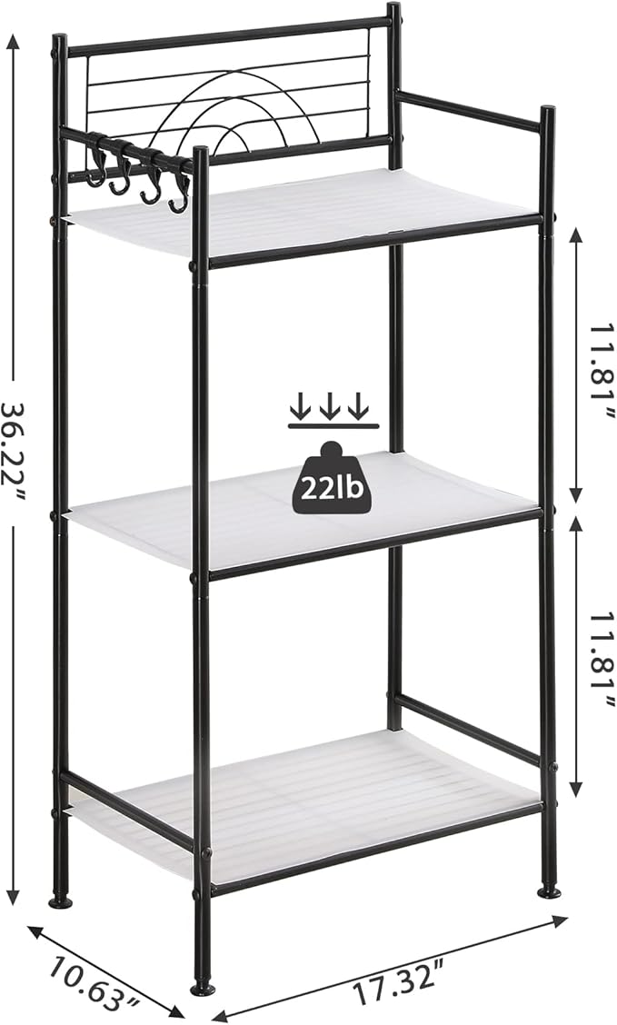 MallBoo 3-Tier Metal Freestanding Storage Shelf,Standing Bathroom Shelves with 3 x PP Shelf Liners and 4 x Hooks for Laundry Kitchen Office (Black)