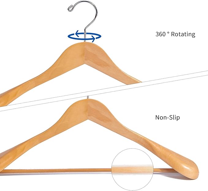 Nature Smile Luxury Natural Wooden Suit Hangers - 6 Pack - Wood Coat Hangers,Jacket Outerwear Shirt Hangers,Glossy Finish with Extra-Wide Shoulder, 360 Degree Swivel Hooks & Anti-Slip Bar with Screw