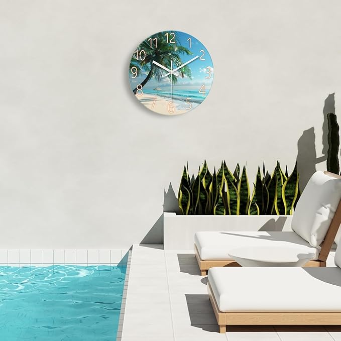 XFM Beach Wall Clock Silent Non-Ticking Battery Operated Clocks 12 Inch Blue Ocean Tropical Palm Tree Wall Clock Decorative for Living Room Kitchen Bedroom Office