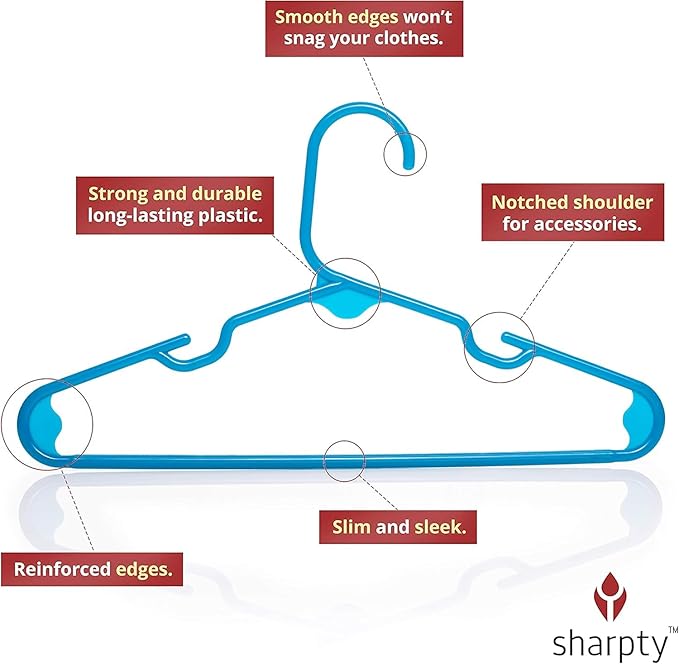Sharpty Kids Plastic Hangers, Children's Hangers for Baby, Toddler, and Child Clothes - Everyday Standard Use - Ideal for Boys and Girls Closet, Clothing, Pants, Coats, and More - Blue, 20 Pack