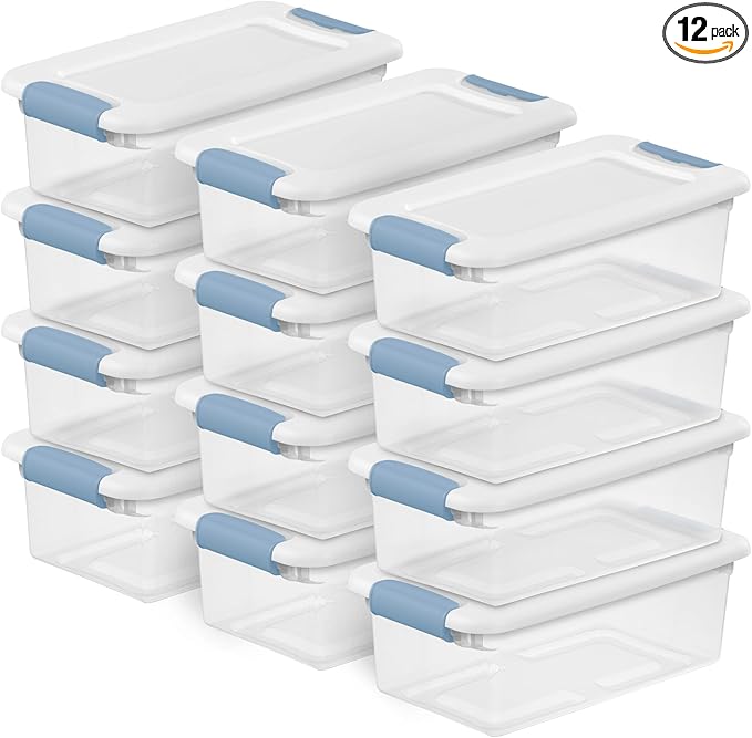 Sterilite 12-Pack Latching Box, Under Bed Storage Bins with Lids, Clear Plastic, 6 Quart - Heavy-Duty Organizing Containers for Closet, Bathroom, and Office
