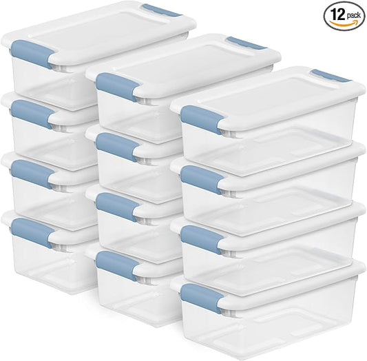 Sterilite 12-Pack Latching Box, Under Bed Storage Bins with Lids, Clear Plastic, 6 Quart - Heavy-Duty Organizing Containers for Closet, Bathroom, and Office