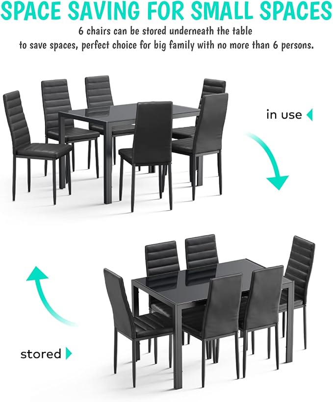 Gizoon Glass Dining Table Sets for 6, 7 Piece Kitchen Table and Chairs Set for 6 Person, PU Leather Modern Dining Room Sets for Home, Kitchen, Living Room