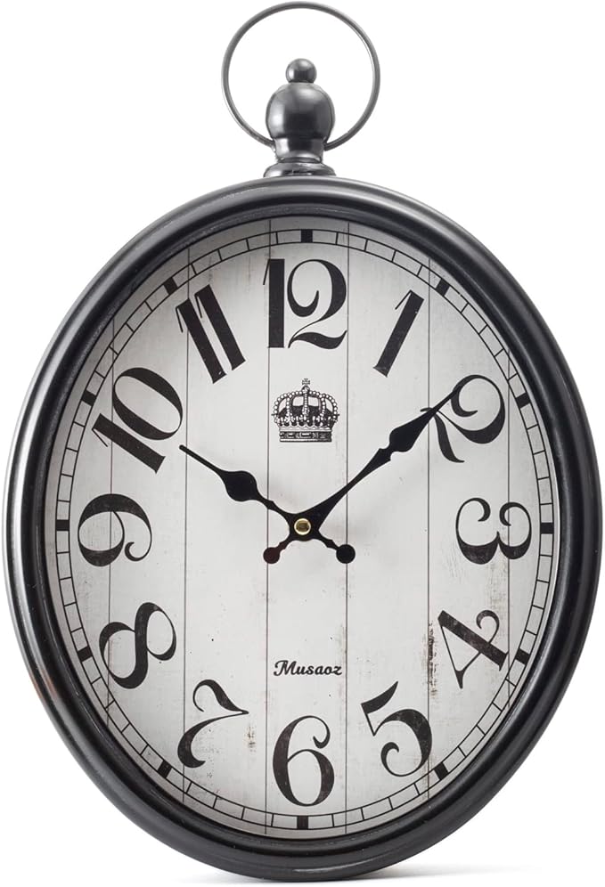 Oval Large Wall Clock Silent Non-Ticking Metal Battery Operated Retro Antique Design Rustic Vintage Style Decor for Living Room Kitchen Farmhouse 16 inch (Black, 16inches)
