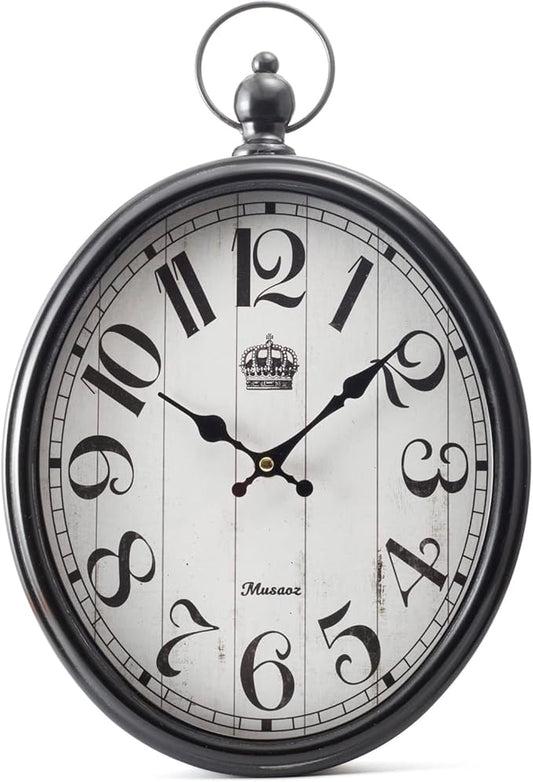 Oval Large Wall Clock Silent Non-Ticking Metal Battery Operated Retro Antique Design Rustic Vintage Style Decor for Living Room Kitchen Farmhouse 16 inch (Black, 16inches)