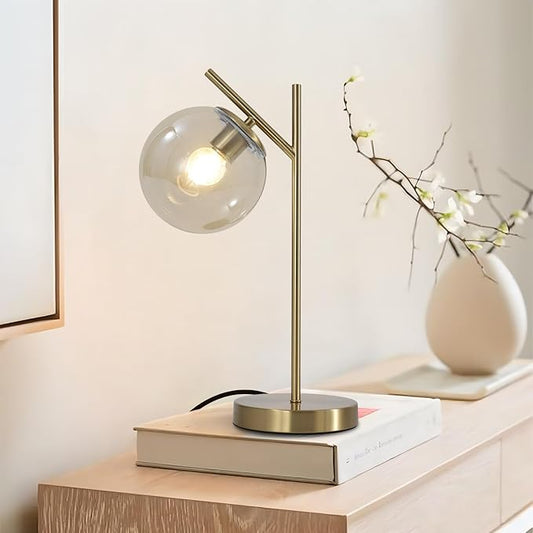 Mid Century Modern Table Lamp, Gold Globe Nightstand Lamp with Cognacs Glass Shade, Metal Brass Desk Lamp for Bedroom Living Room Study Room