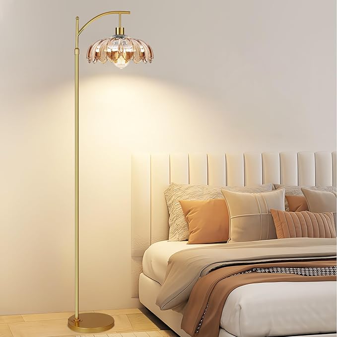 Arc Floor Lamp for Living Room Gold Floor Lamp with Remote Control,Dimmable Floor Lamps With Glass Lampshades,Mid Century Modern Standing Lamp Tall Vintage Flower Floor Lamps for Bedroom,Corner