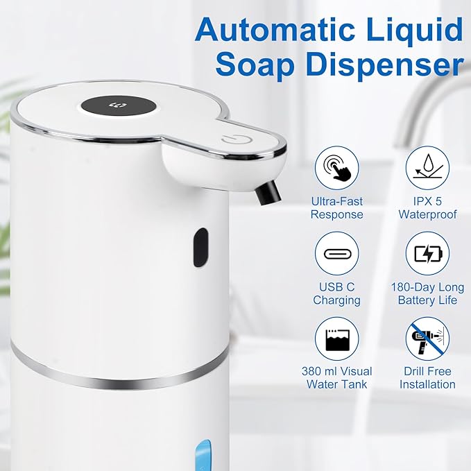 Automatic Soap Dispenser, Hand Soap Dispenser 12.8oz/380ml Smart Rechargeable, Liquid Touchless Soap Dispensers with 6-Level, Wall Mounted or Countertop Dish Soap Dispensing for Bathroom & Kitchen