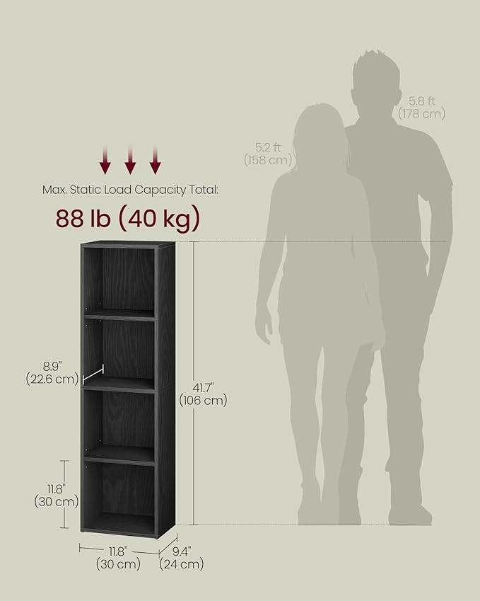 VASAGLE Custos Collection - Bookshelf, 4-Tier Bookcase, Book Shelf, Open Storage Shelf, 9.4 x 11.8 x 41.7 Inches, for Living Room, Home Office, Dining Room, Ebony Black ULBC434B01