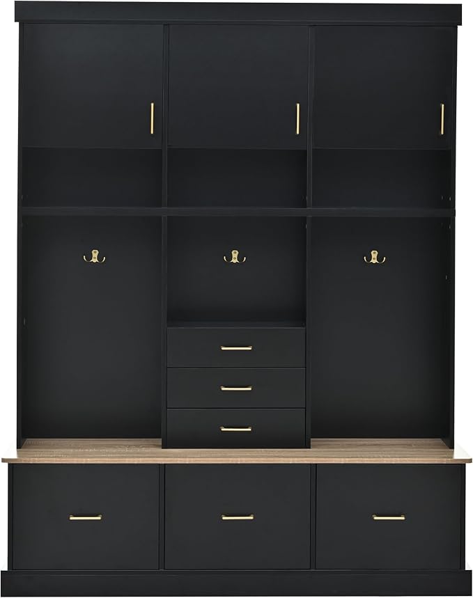 Merax 5-in-1 Hall Tree with Bench and Storage, Modern with Coat Rack, 6 Drawers, 3 Cabinets and 3-Tier Top Storage for Hallway, Entryway, Living Room, Black
