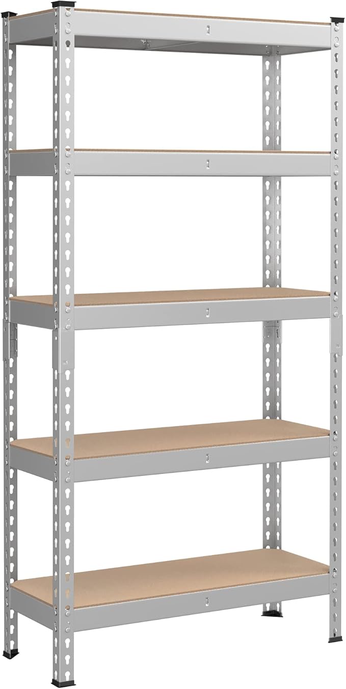 SONGMICS 5-Tier Storage Shelves, Load 2310 lb, Garage Storage, Boltless Assembly, Adjustable Shelving Unit, 11.8 x 29.5 x 59.1 Inches, for Study Shed Basement, Silver and Natural Beige UGLR300E01