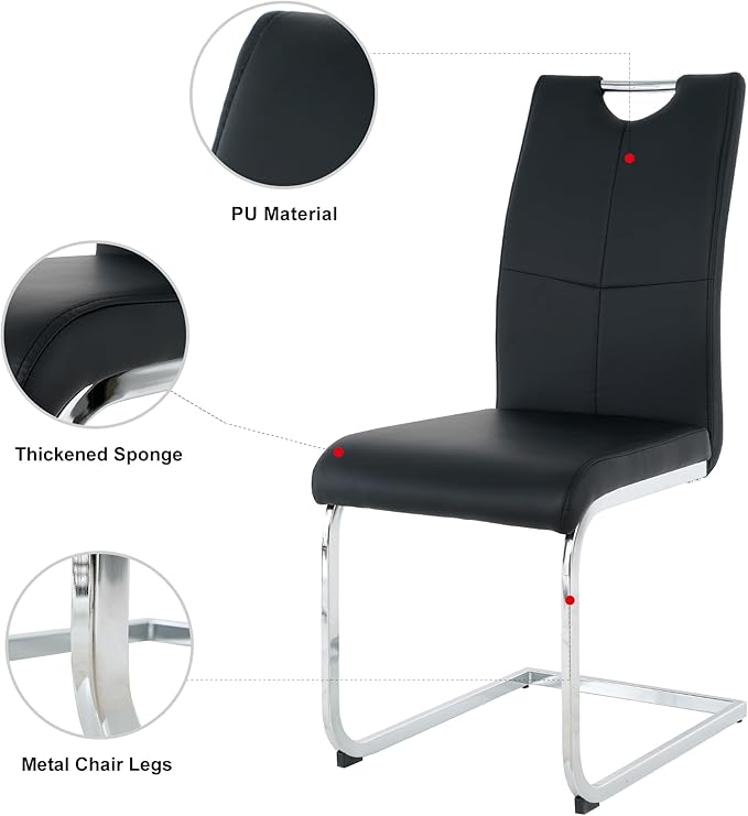 Goujxcy Modern Glass Dining Table Set for 4, Black Glass Kitchen Table and Chairs Set, 5 Piece Dining Room Table Set with 51" Rectangle Dinner Table and 4 Black Leather Dining Chairs