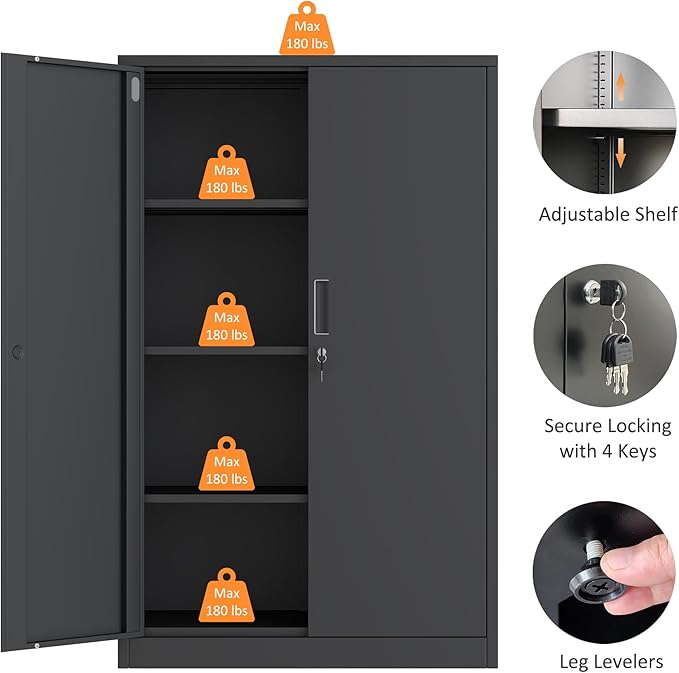 Metal Storage Cabinet with Locking Doors and 3 Adjustable Shelves, 53.5-Inch Lockable Storage Cabinets for Home Office Garage Kitchen Pantry (Black)