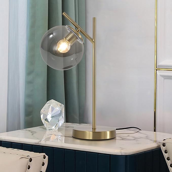 Mid Century Desk Lamp, Glass Globe Table Lamp with Gray Glass lampshade, Gold Modern Bedside Lamps for Bedroom Living Room Study Room