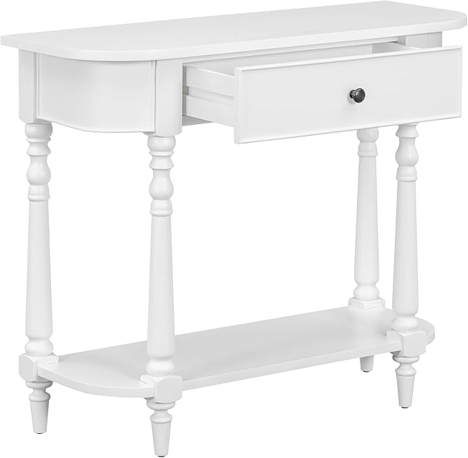 HMFULE Retro Curved Console Table, 36" Solid Wood Half Moon Console Table Sofa Table Entryway Table with 1 Drawer 1 Open Shelf Roman Legs Curved Corners for Living Room,Entryway,Hallway,White