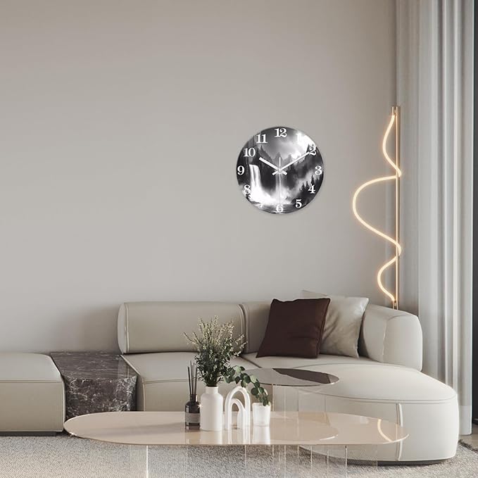 XNM Natural Landscape Bathroom Wall Clocks Battery Operated 12 Inch Black and White Round Silent Wall Clock Non Ticking Glass Small Clock for Wall