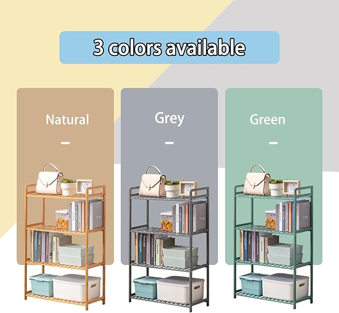 Bamboo Shelf, 4-Tier Bookcase Storage Shelves, Small Book Rack Shelving Unit, Multipurpose Storage Display Shelf for Bathroom Kitchen Living Room Office, 25W x 35D x 100H (4-Tier Grey)