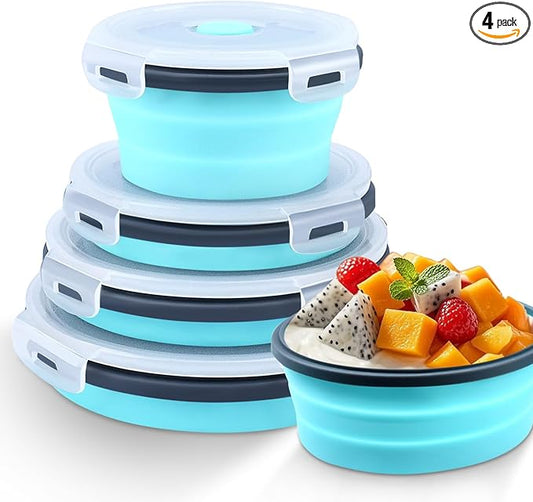 Collapsible Food Storage Containers with Lid & Air Vent, 4 Pack Round Foldable Collapsible Storage Containers Sets, Lunch Bowls for Camping, Travel, Microwave Freezer Dishwasher Safe