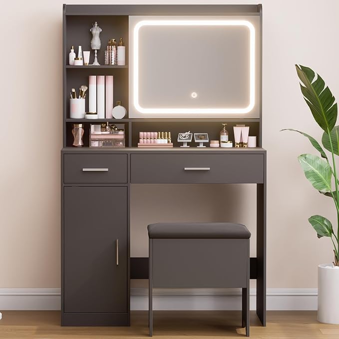 Vanity Desk with Sliding Mirror & Power Outlets - Dimmable LED Lighting, 4 Open Shelves, 2 Drawers, 1Storage Cabinet & Padded Stool - Ideal Bedroom Makeup Dressing Table （Black）