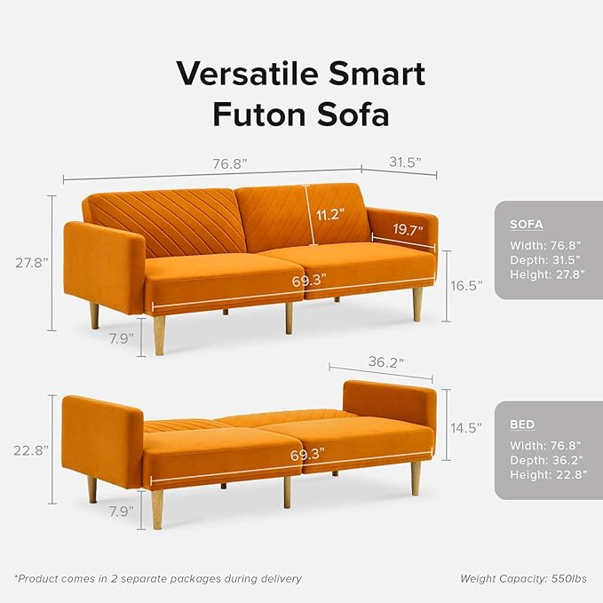 mopio 76.4" Futon Sofa Bed, Couch, Loveseat, Sleeper Sofa, Mid Century Modern Futon Couch, Sofa Cama, Couches for Living Room (Apricot Velvet)