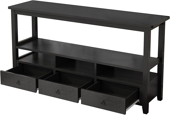 Karl home Console Table with 3 Bottom Drawers, 57.9" W Sofa Side Table Entryway Desk with 3 Storage Cubbies 1 Open Shelf, Vintage TV Stand for Hallway Living Room Office, Black 29.9" H