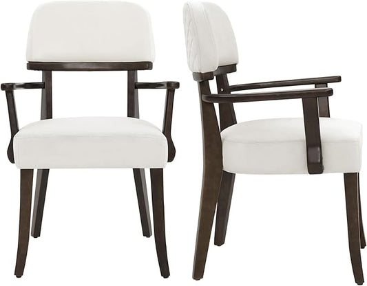 Modern Wood Dining Chairs with Arms Set of 2, Velvet Upholstered Kitchen Chairs with Open Curved Backrest & Black Hardwood Legs, Accent Chairs 350 LBS Capacity, White