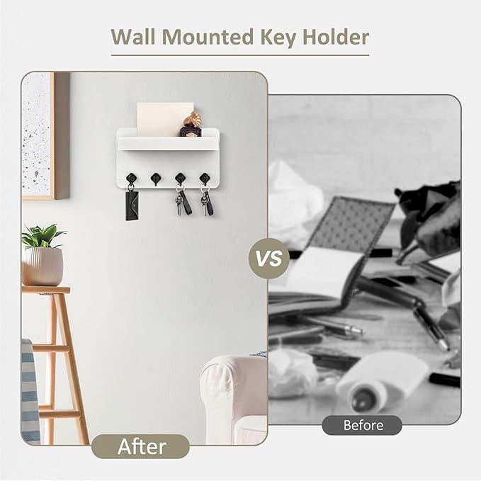 Nekon Key Holder Wall Mount, 8.5 Inch Small Home Decor Wooden Wall Organizer with 4 Hooks and Shelf, Key and Mail Holder for Living Room Entryway Kitchen(White)