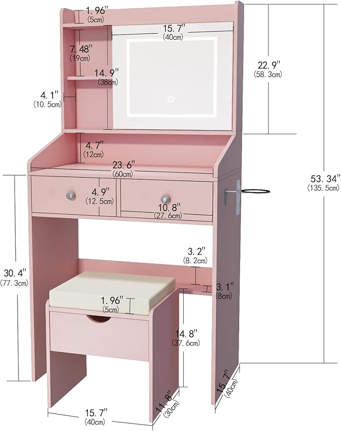Vanity, Small Vanity Desk with Sliding Mirror, Dimmable LED Lights, 2 Drawers,Vanity Table Ideal for Bedroom（Pink）