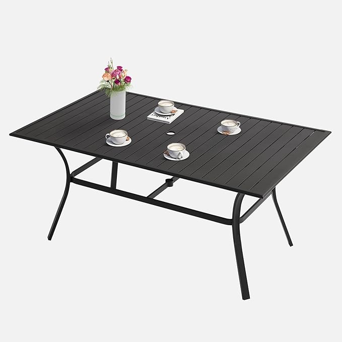 LVUYOYO Outdoor Patio Dining Table, Metal Rectangular Table with Umbrella Hole, All-Weather Furniture for Backyard, Garden,Balcony,Porch (Black)