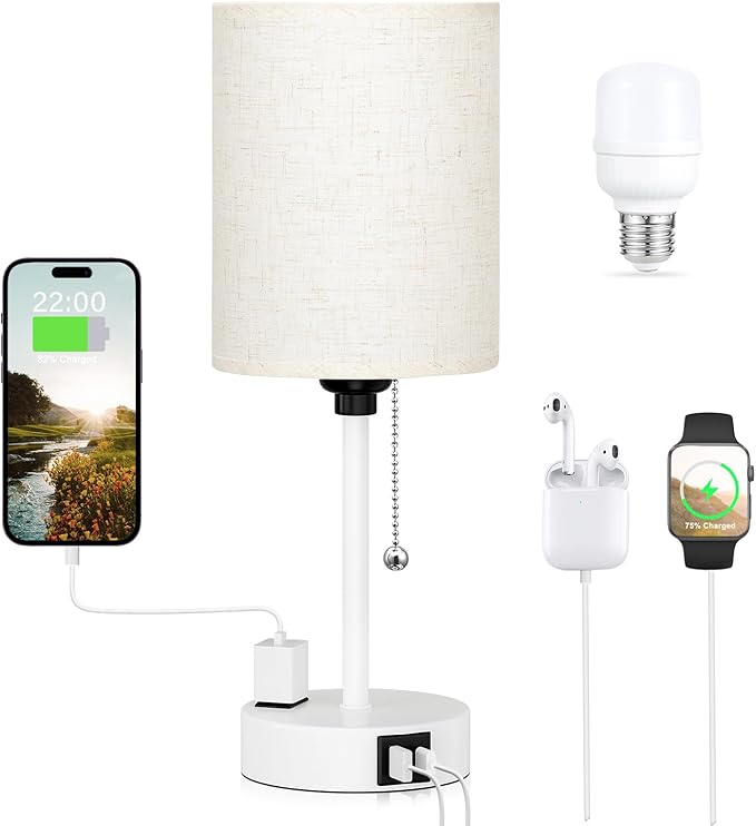 Small Bedside Lamp for Bedroom Nightstand - 3000K 4000K 5000K Bedside Lamps with USB C and A Ports, Pull Chain Table Lamps with AC Outlet, Nightstand Lamps with White Metal Base for Kids Reading