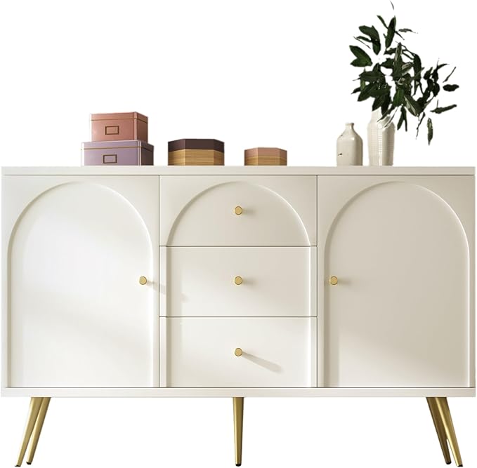 KEIKI 55'' Modern 2-Doors Buffet Sideboard Storage Cabinet with 3 Drawers & Metal Legs, Wood Entryway Console Table for Living Room, Hallway, Dining Room, White