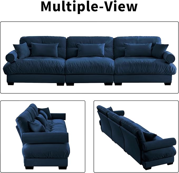 130" Oversized 3 Seater Modular Sectional Sofa, Blue Large Sectional Couch for Living Room, Velvet Cloud Couch with 5 Pillows, Deep Seat Sofa