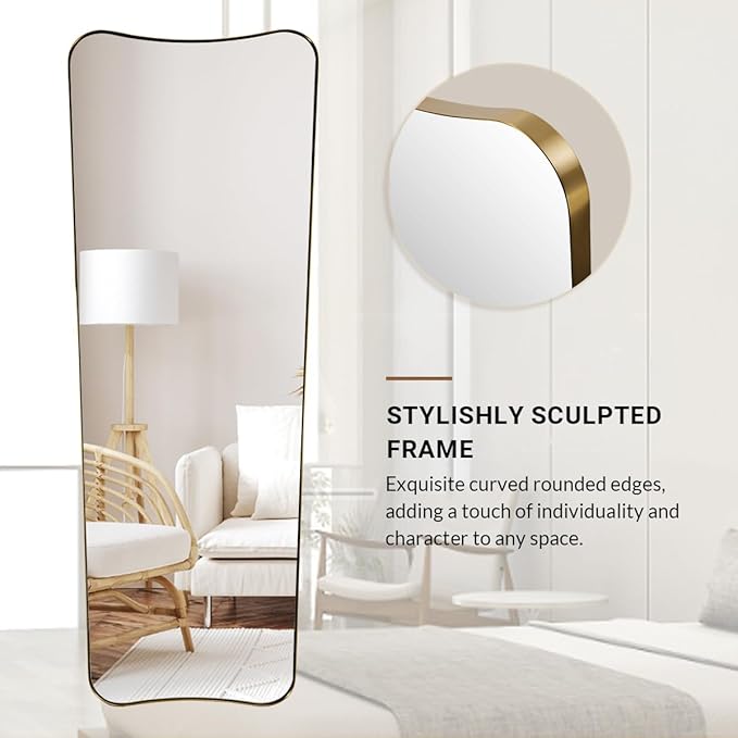 ANDY STAR 24" x 65" Full Length Mirror, Brushed Gold Floor Mirror with Premiun Stainless Steel Thin Frame, Antique Italian Curved Design, Wall Mountable or Leaning for Bedroom, Living Room, Cloakroom