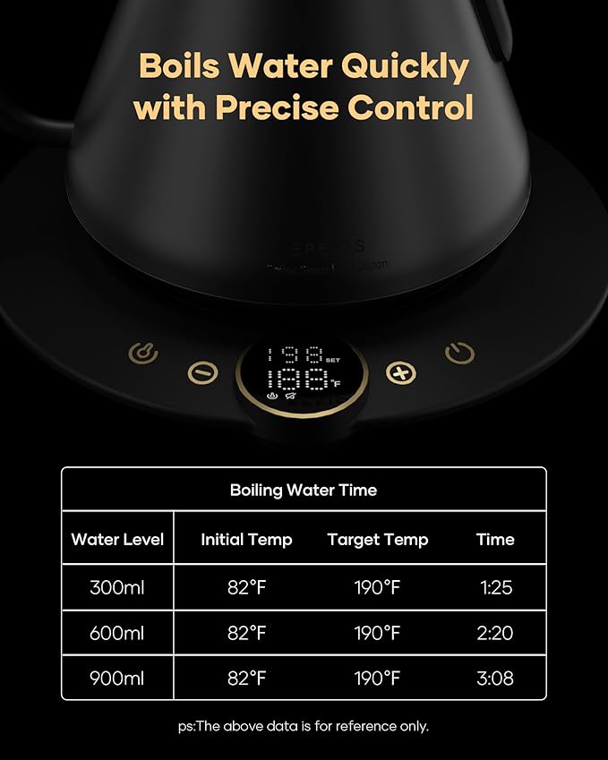 Cocinare FLOW B9 Gooseneck Electric Kettle, Precise Temperature Control for Pour-Over Coffee & Tea Brewing, Stainless Steel Interior, Rapid Heating for Boiling Water, 1500W/0.9L (Matte Black)